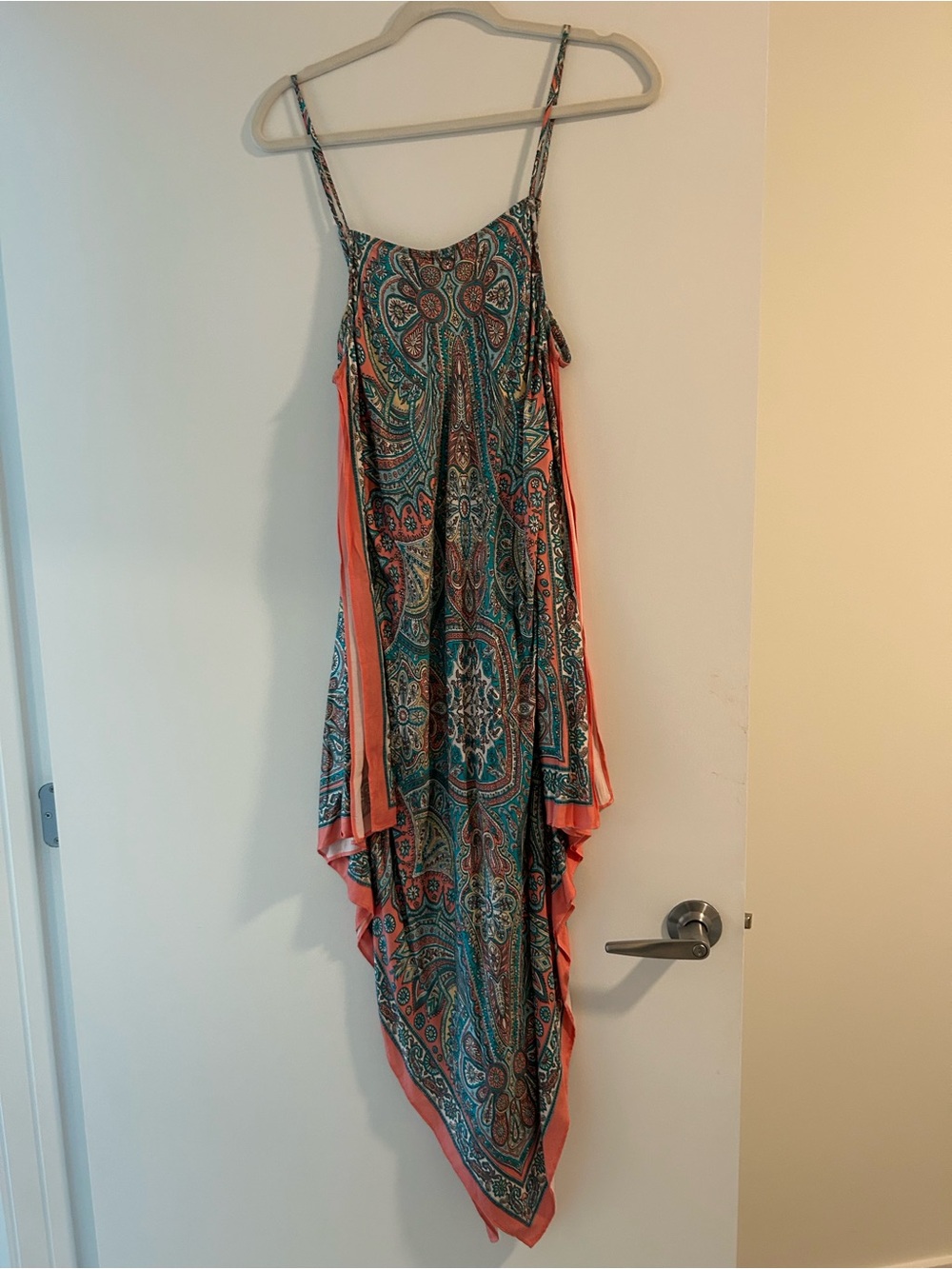 Anthropologie Teal & Coral Paisley Handkerchief-Hem Maxi Dress